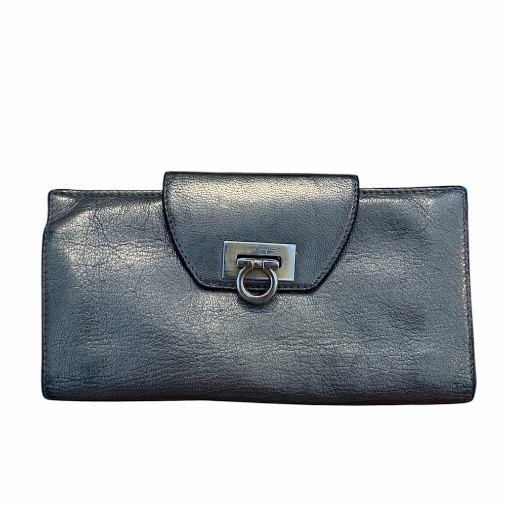 Salvatore Ferragamo Gancini Long Wallet Pebbled Pewter Metallic